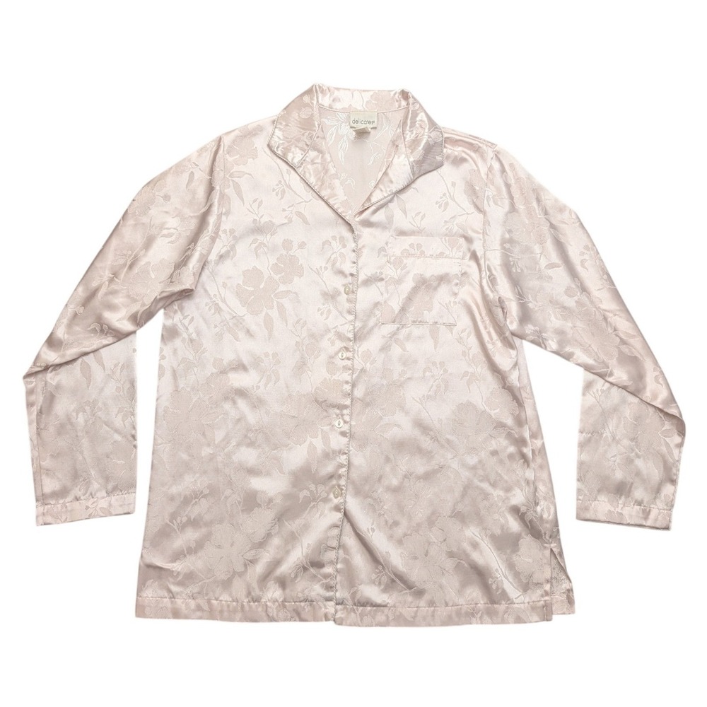 Y2K Delicates Pajama Top Women M Pink Floral Damask Satin Button Up Sleep Shirt